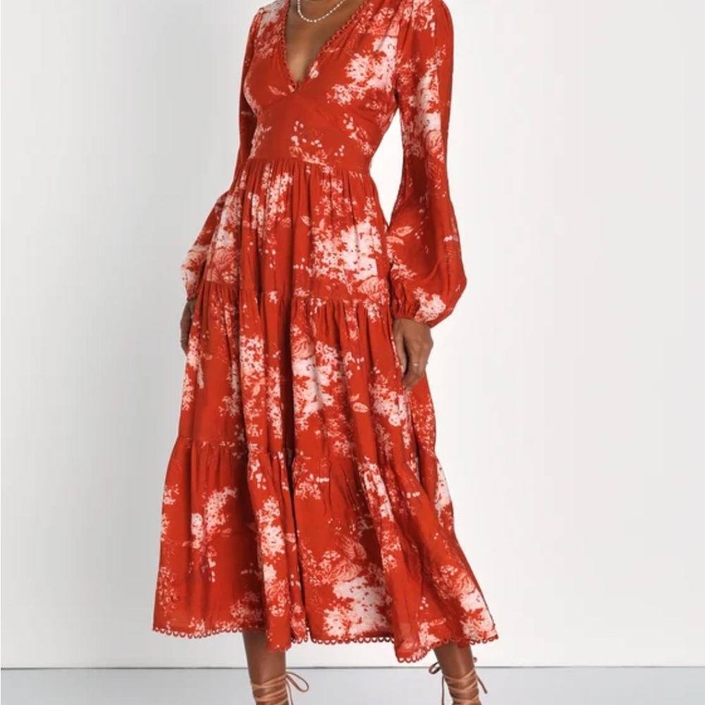 NWT Lulu's Red and White Floral Long Sleeve Dress Size Large
